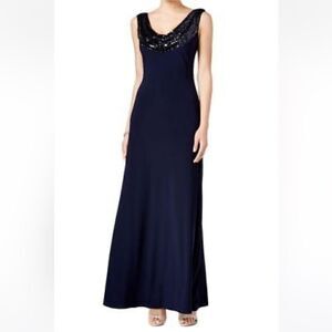 NWT Betsy & Adam navy sequin cowl neck fit and flare gown